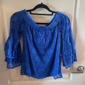 Lilly Pulitzer Tobyn Top Blouse in Ikat Blue Palm Tree Lace Size Small